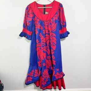 Winnie Fashion vintage Floral Blue and Red Midi Dress Hawaiian size large